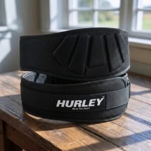 Black soft neoprene weightlifting belt with yellow piping and 6-inch back support