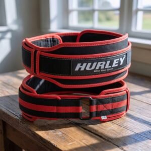 Black soft neoprene weightlifting belt with red piping and 5-inch double back support