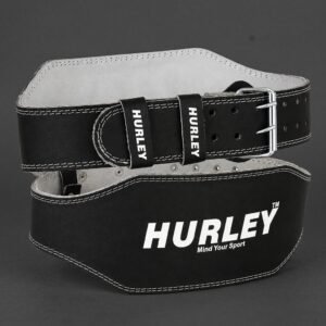 Black leather weightlifting padded belt with 6-inch back support