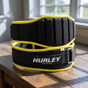 Black soft neoprene weightlifting belt with yellow piping and 6-inch back support