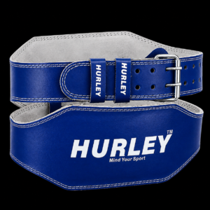 Blue leather weightlifting padded belt with 6-inch back support