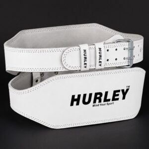 White leather weightlifting padded belt with 6-inch back support