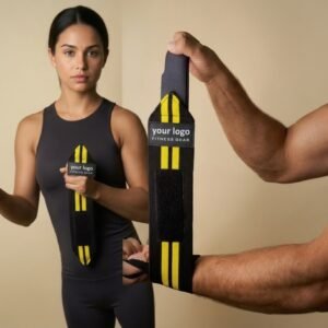 Black wrist wraps with 2 yellow stripes and heavy-duty Velcro closure