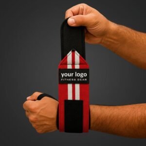 Red wrist wraps with 2 white stripes and heavy-duty Velcro closure