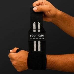 Black and white stripe weightlifting wrist wraps with Velcro closure