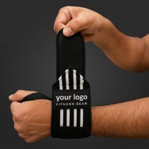 Black wrist wraps with 3 white stripes and heavy-duty Velcro closure