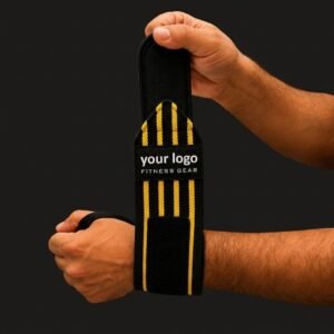 Black wrist wraps with 4 yellow stripes and heavy-duty Velcro closure
