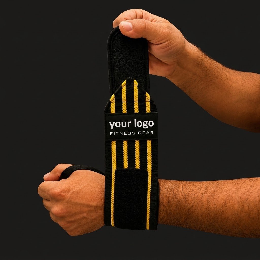 Black Wrist Wraps with 4 Yellow Stripes – Heavy-Duty Cotton Blend Black wrist wraps with 4 yellow stripes and heavy-duty Velcro closure