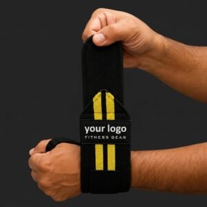 Black wrist wraps with 2 yellow stripes and heavy-duty Velcro closure