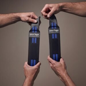 Black wrist wraps with 2 blue stripes and heavy-duty Velcro closure