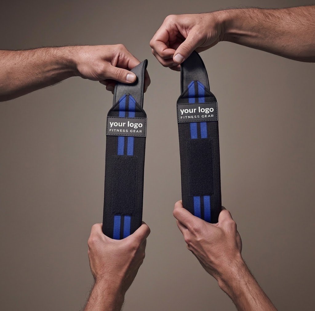 Black Wrist Wraps with 2 Blue Stripes – Heavy-Duty Cotton Blend Black wrist wraps with 2 blue stripes and heavy-duty Velcro closure