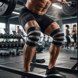 Black and grey striped double-layer knit weightlifting knee sleeves