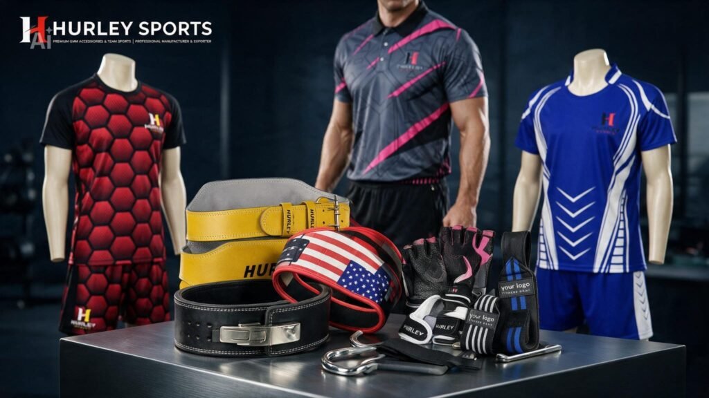 Gym accessories and sportswear products manufactured by Hurley Sports