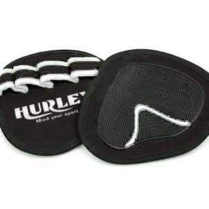 Black grip pads with white piping and rubber backing for weightlifting
