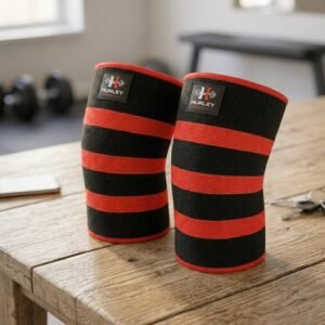 Black and red striped double-layer knit weightlifting knee sleeves