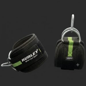 Black neoprene ankle straps with green stripes, D-rings and carabiner