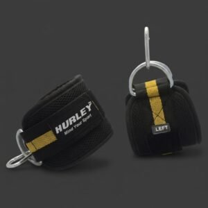 Black neoprene ankle straps with yellow stripes, D-rings and carabiner