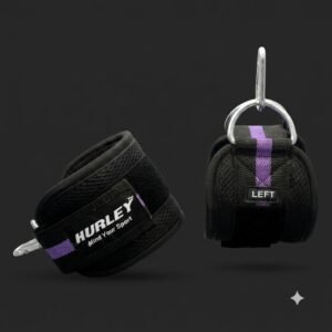 Black neoprene ankle straps with purple stripes, D-rings and carabiner