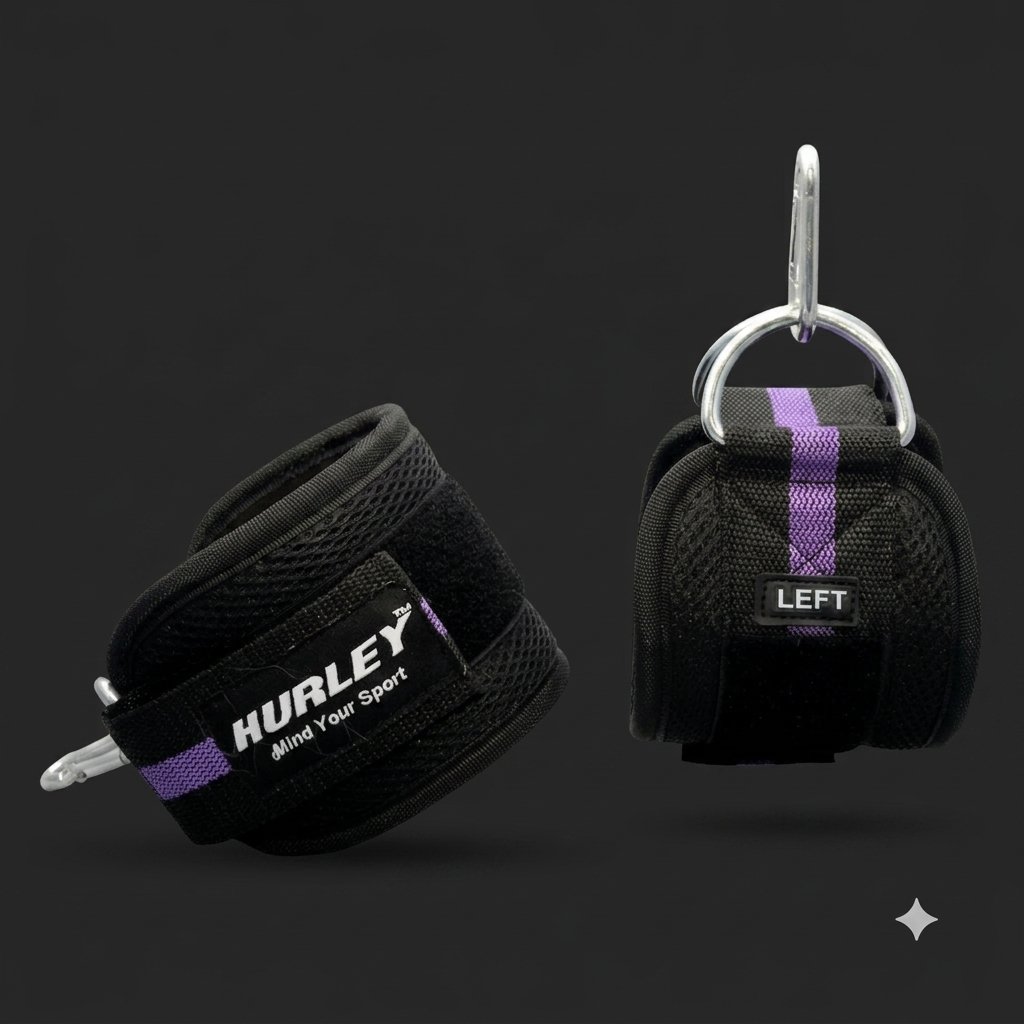 Black Ankle Straps with Purple Stripes – Heavy-Duty Neoprene Black neoprene ankle straps with purple stripes, D-rings and carabiner