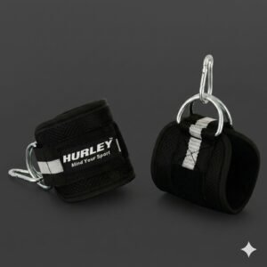 Black neoprene ankle straps with grey stripes, D-rings and carabiner