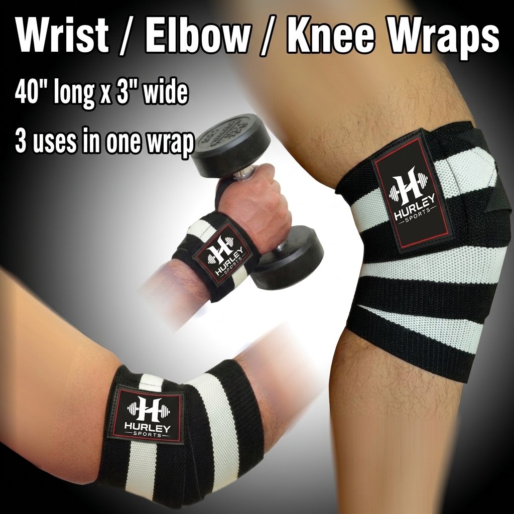 Black & White 3-in-1 Wrist Elbow & Knee Wraps – 40 Inch Black elbow wraps with white straps for wrist elbow and knee support
