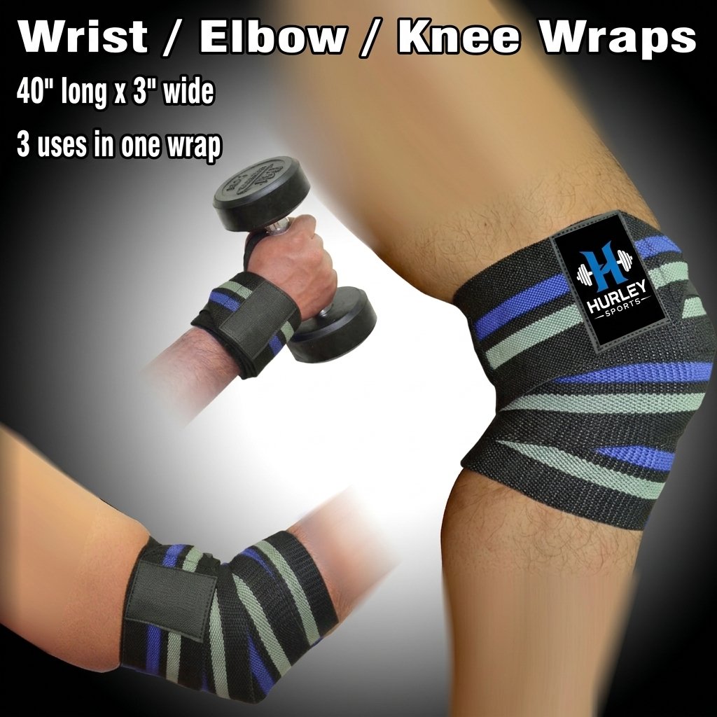 Black, Blue & Grey Striped Elbow Wraps – 40-Inch 3-in-1 Black blue and grey striped 3-in-1 elbow wraps for wrist elbow and knee support