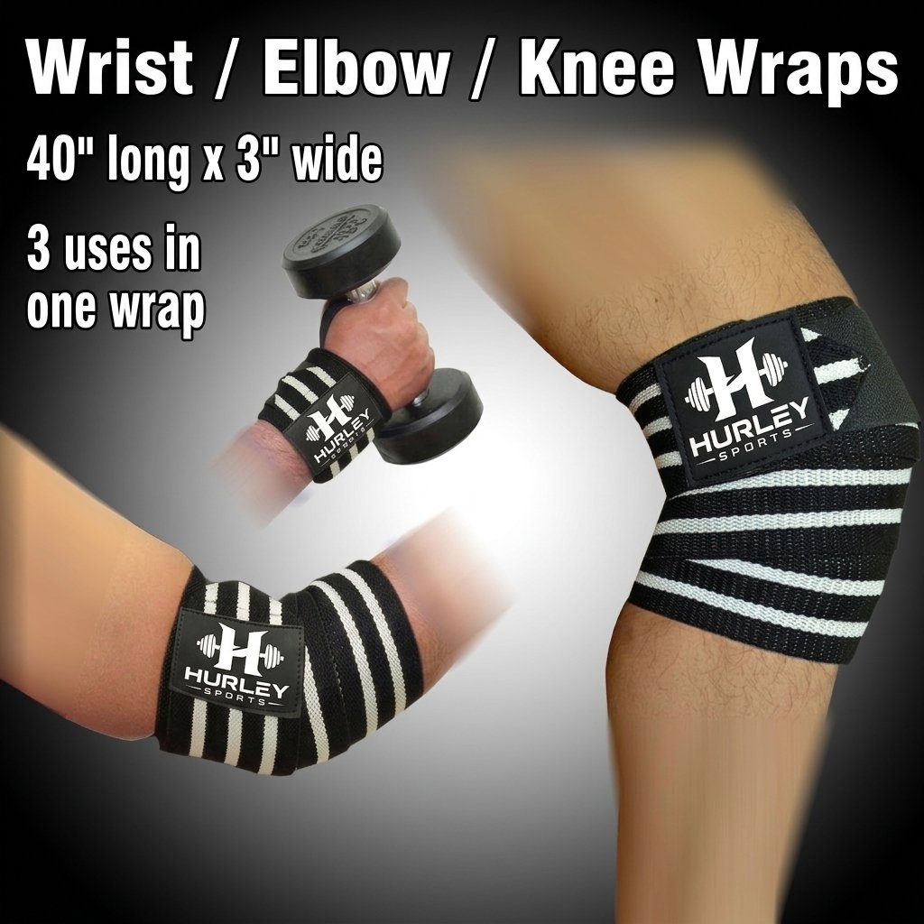 Black & White Striped Elbow Wraps – 40-Inch 3-in-1 Black and white striped 3-in-1 elbow wraps for wrist elbow and knee support