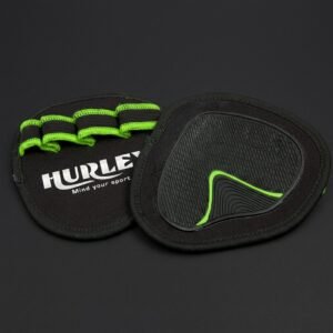 Black grip pads with green piping and rubber backing for weightlifting
