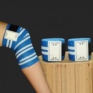 Blue and white stripe knee wraps for weightlifting with Velcro closure