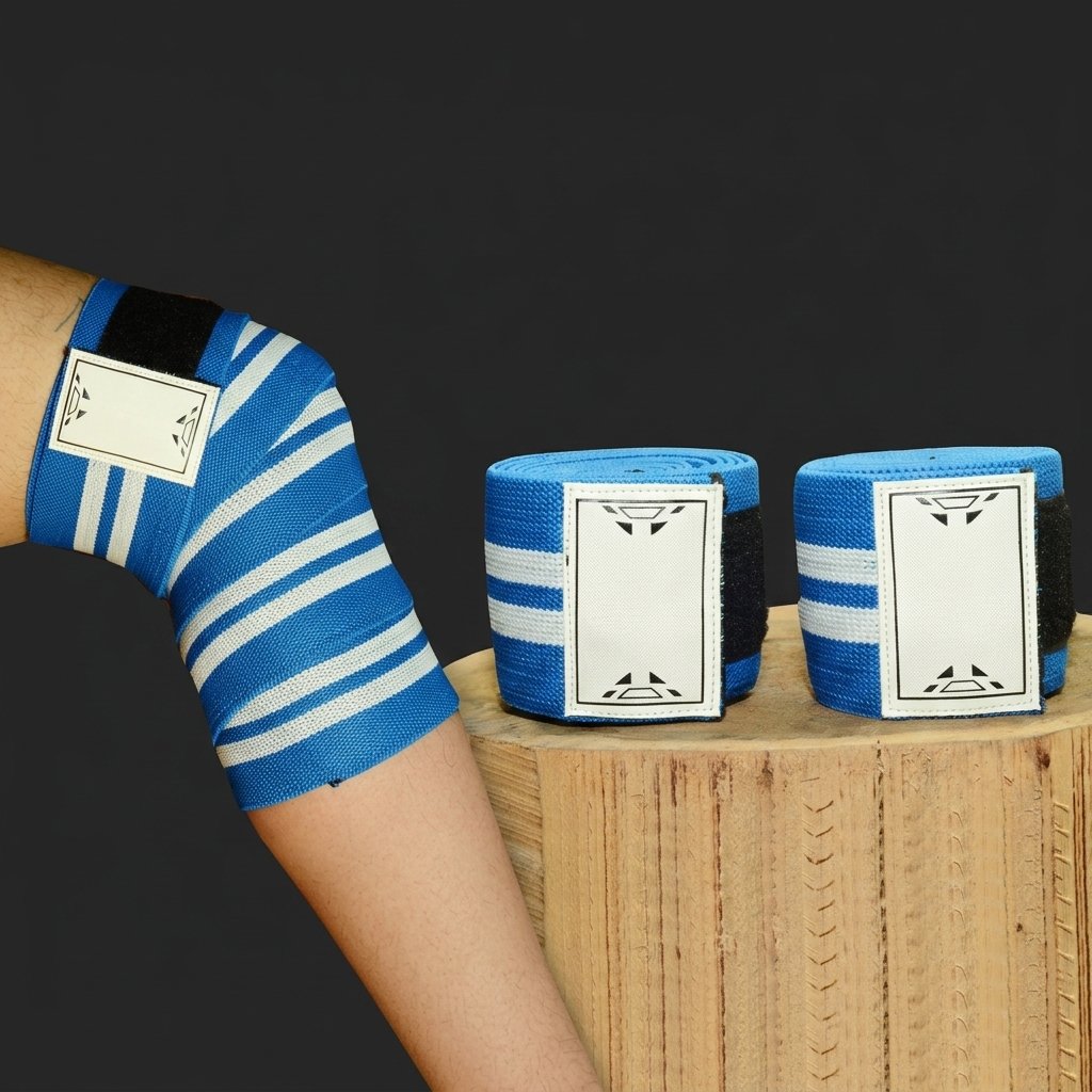 Blue & White Stripe Knee Wraps – 3m Blue and white stripe knee wraps for weightlifting with Velcro closure