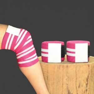 Pink and white stripe knee wraps for weightlifting with Velcro closure