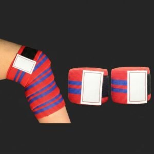 Red and blue stripe knee wraps for weightlifting with Velcro closure