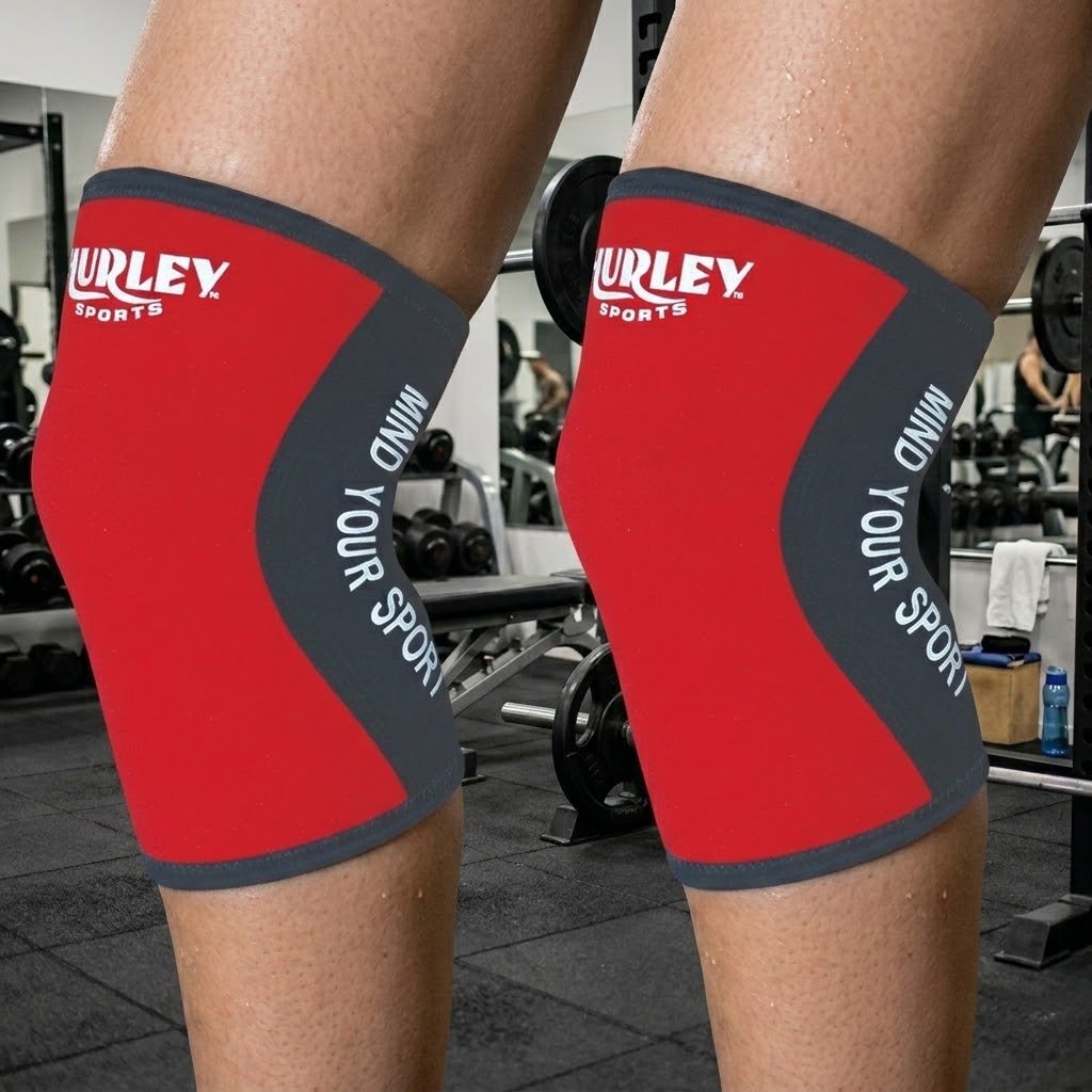 Red knee sleeves made from 5mm–7mm neoprene with polyester